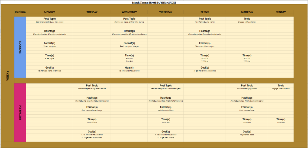 A sample template schreenshot in how to create a social media content calendar