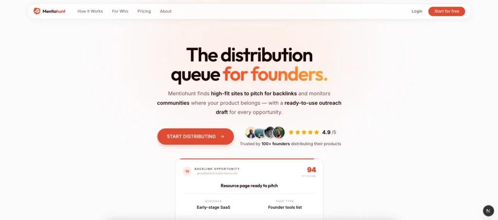 Screenshot of Mentiohunt Landing Page
