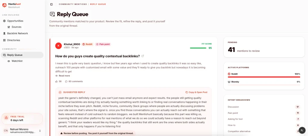 Screenshot of Mentiohunt Reply Queue