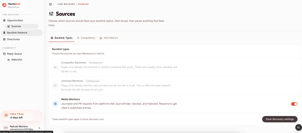 Screenshot of Mentiohunt Sources