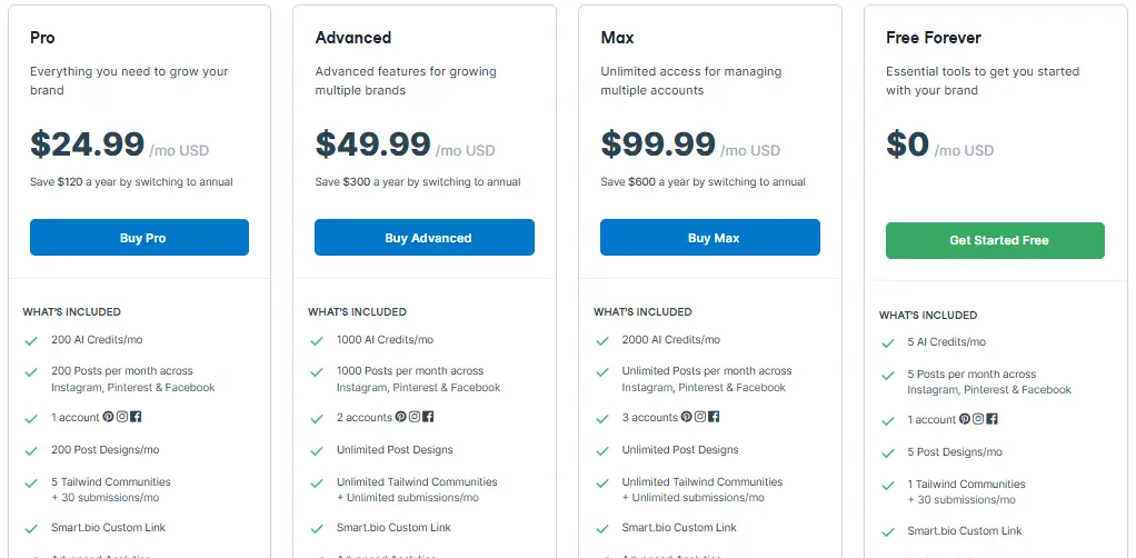 Screenshot of Tailwind pricing plans