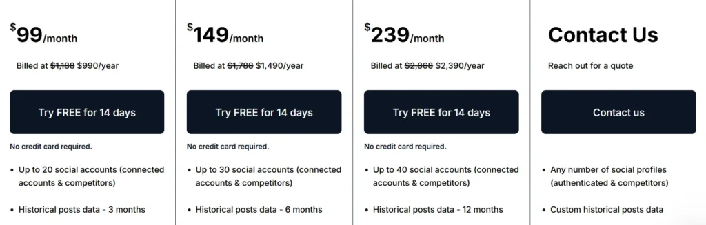 Screenshot of Socialinsider pricing plans