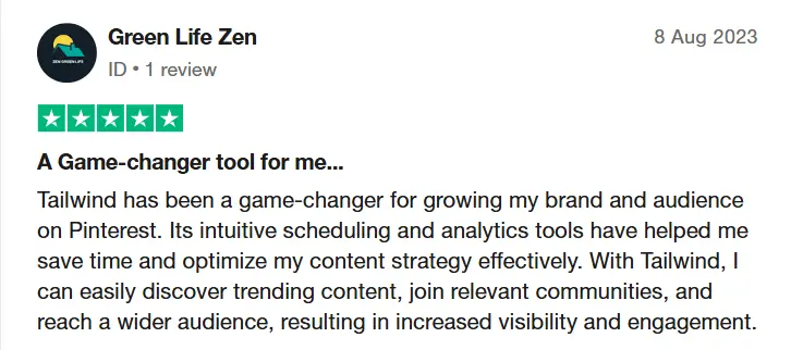 Tailwind positive review on Trustpilot {Screenshot}
