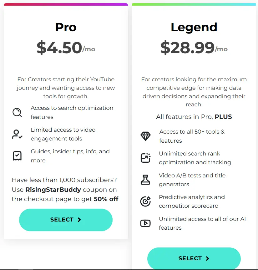 Screenshot of TubeBuddy pricing plans