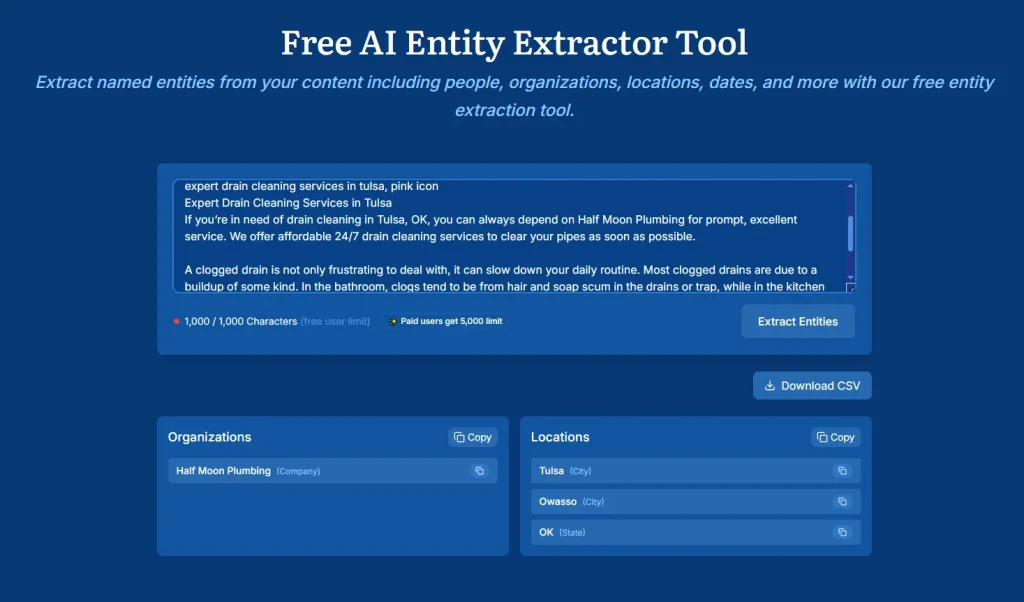 Entity Extractor Tool Output on AnswerSocrates {Screenshot}