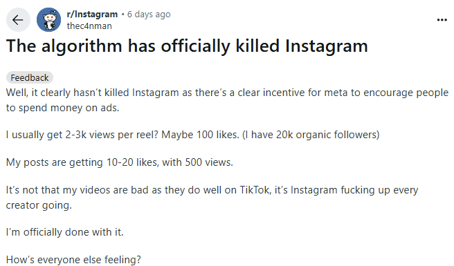 Reddit Post on Low Instagram Engagement.