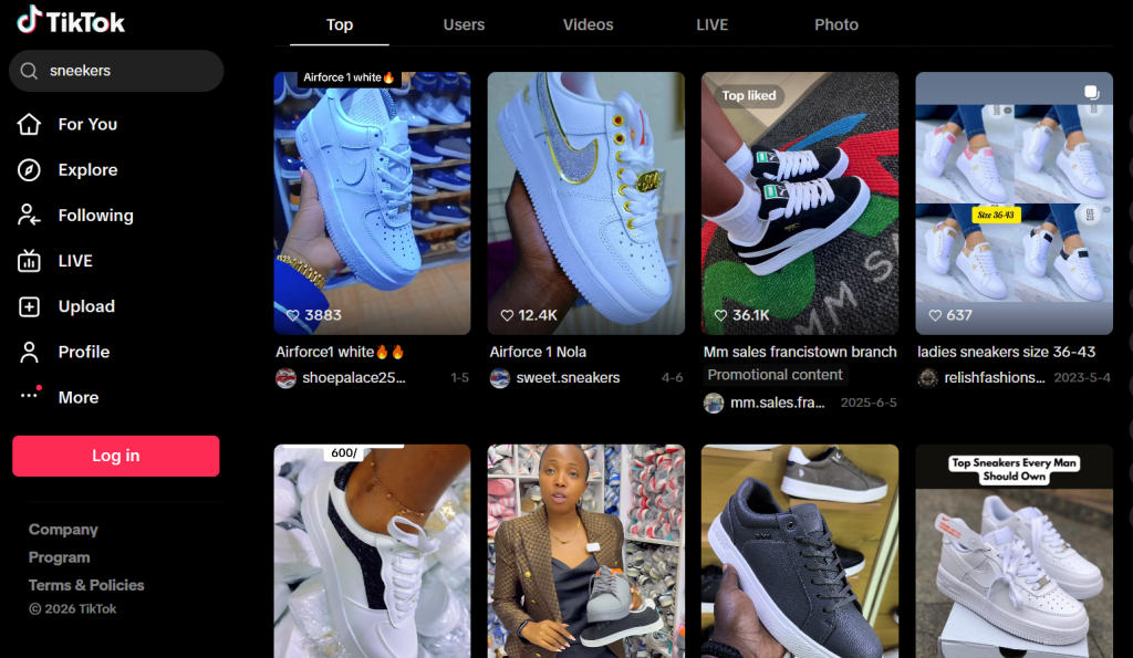 Screenshot of TikTok search results