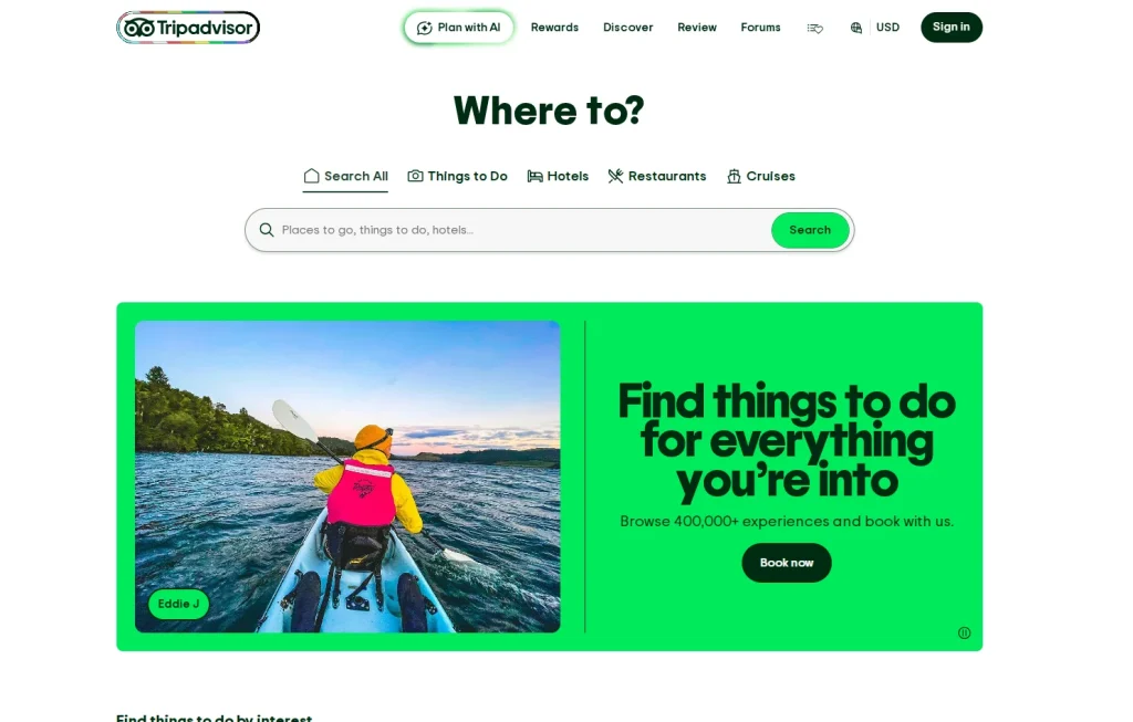 Screenshot of Tripadvisor Homepage