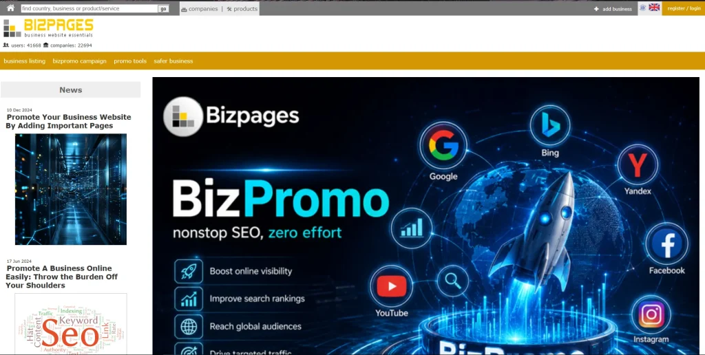Screenshot of BizPages Homepage