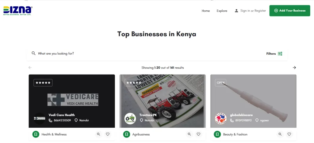 Screenshot of Bizna Kenya Directory Page