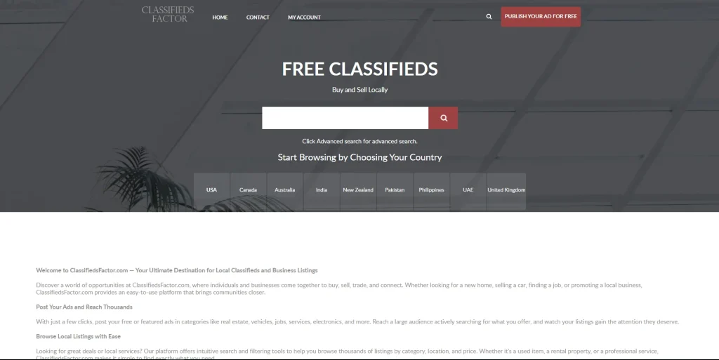 Screenshot of Classifieds Factor Homepage