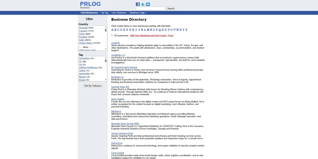 Screenshot of Prlog Homepage