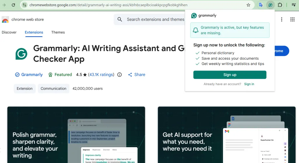Screenshot of Grammarly Extension
