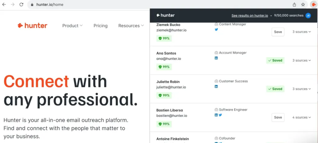 Screenshot of Hunter.io Extension.