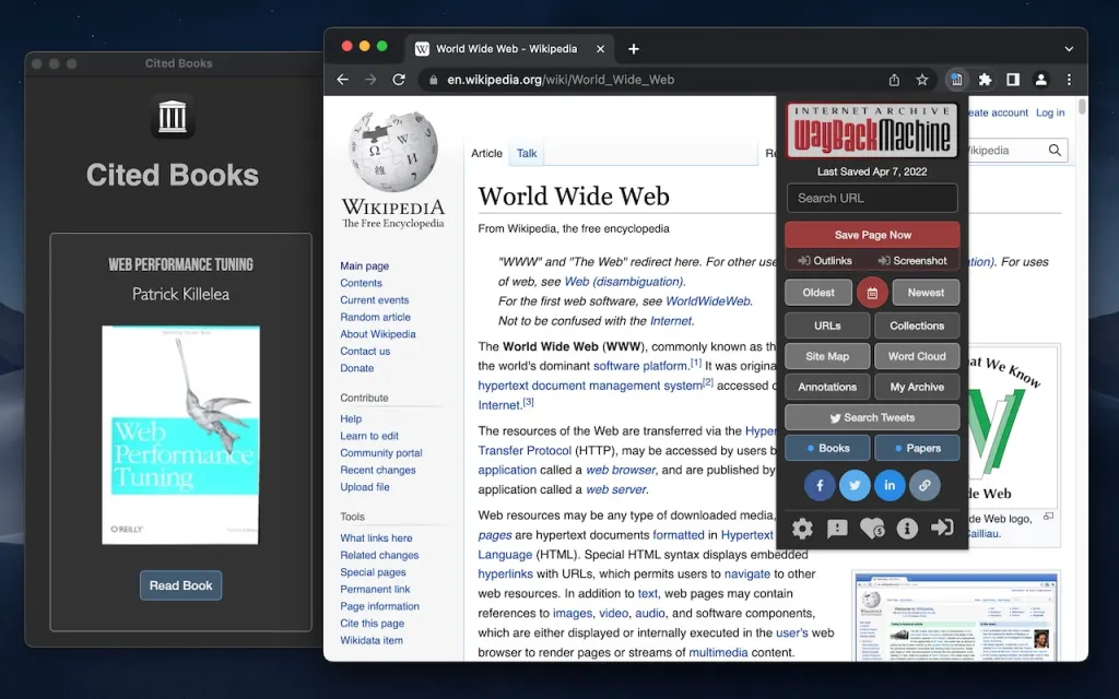 Screenshot of Wayback Machine Extension.
