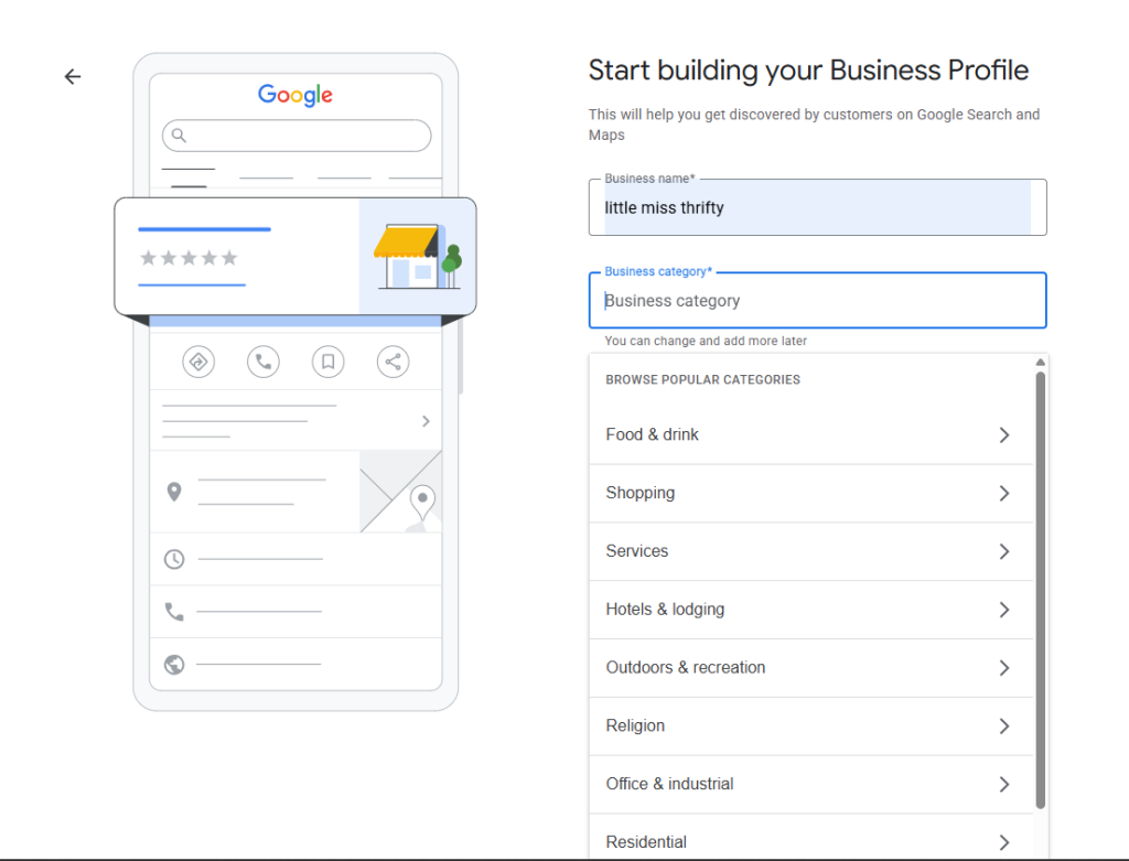 Screenshot of Example of Business Category on Google Business Profile